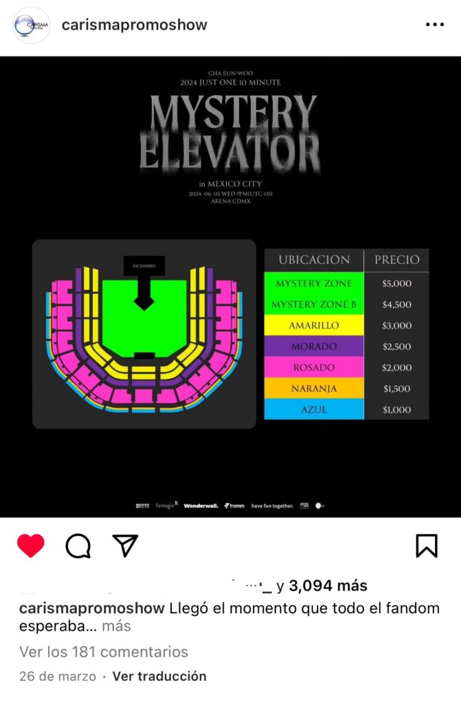 Mapa de zonas y precios para el concierto de Cha Eun Woo en México